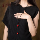 Kalung Wanita Knotted Batu Merah Long Tassel Retro Ethnic Beaded - Cantik Menawan
