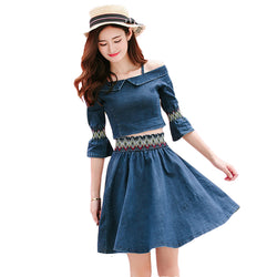 Set Denim Kasual Wanita Cantik -  Off Shoulder Crop Tops Half Sleeve Elastic Waist Skirts - Cantik Menawan