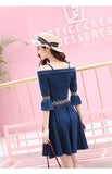 Set Denim Kasual Wanita Cantik -  Off Shoulder Crop Tops Half Sleeve Elastic Waist Skirts - Cantik Menawan