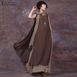 Dress Wanita Boho - Patchwork Vintage Casual Loose Long Maxi Sleeveless Dress - Cantik Menawan