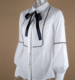 Kemeja Kantor Wanita - Bow Tie Lantern Sleeve White Button Necktie Elegant - Cantik Menawan