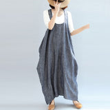 Dress Wanita Terbaru Strap Sleeveless Solid Baggy Backless Long Dungarees Cotton Linen - Cantik Menawan