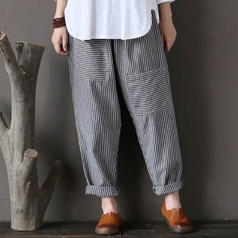 Celana Panjang Wanita Elastic Waist Striped Patch Pockets Loose Cotton Linen - Cantik Menawan
