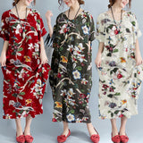 Dress Wanita Terbaru Model Vintage Maxi Lengan Pendek Round Neck Casual Floral Print - Cantik Menawan