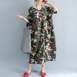 Dress Wanita Terbaru Model Vintage Maxi Lengan Pendek Round Neck Casual Floral Print - Cantik Menawan