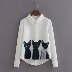 Blouse Wanita Model Korea Putih Cats Printed Pullover Shirts Lengan Panjang - Cantik Menawan