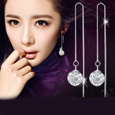 Anting Cantik Fashion Silver Plated Long Chain Drop Earrings Crystal Shambhala Ball Fancy Chain - Cantik Menawan