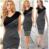 Dress Cantik - Striped V Neck Bodycon Office Work Dress - Cantik Menawan